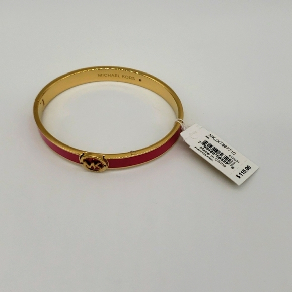 1191- MICHAEL Michael Kors Haute Gold Enamel Fuchia Color Bangle Bracelet NWT - Picture 3 of 8